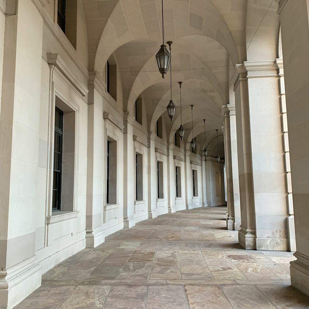 Empty corridor inside a historic courthouse building